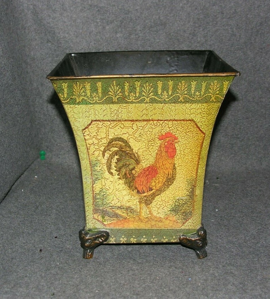 Metal Flower Arrangement Square Pot with Rooster Design Scratched