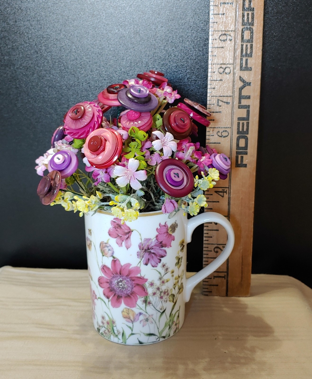 delicate floral mug with pink purple yellow BUTTON BOUQUET