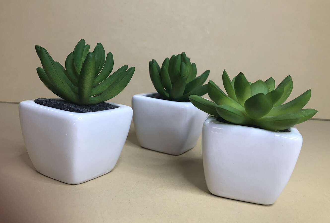 Set of 3 Plastic & Porcelain Succulents Green White 3×2 inches Each Fake Plants