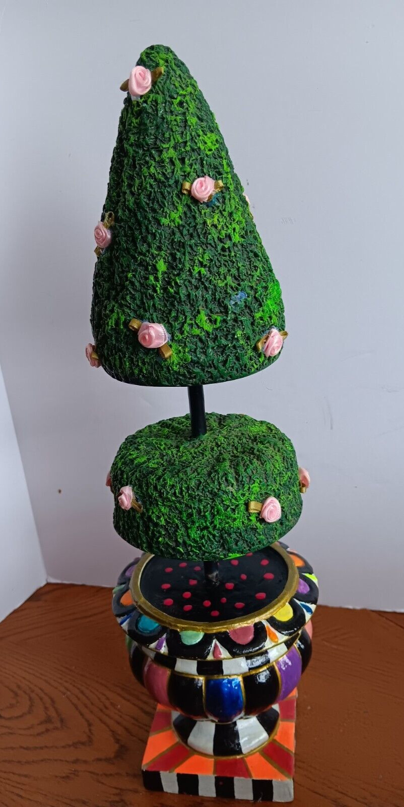 Whimsical Hand Painted Topiary w/ silk roses in Colorful Urn
