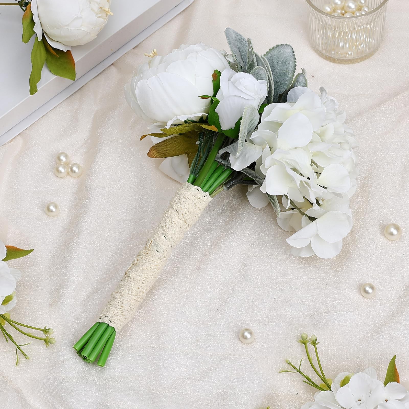 DIYDOFUN White Pre-Made Bridesmaids Bouquets Set of 4-7 inch Small Rustic Ari…