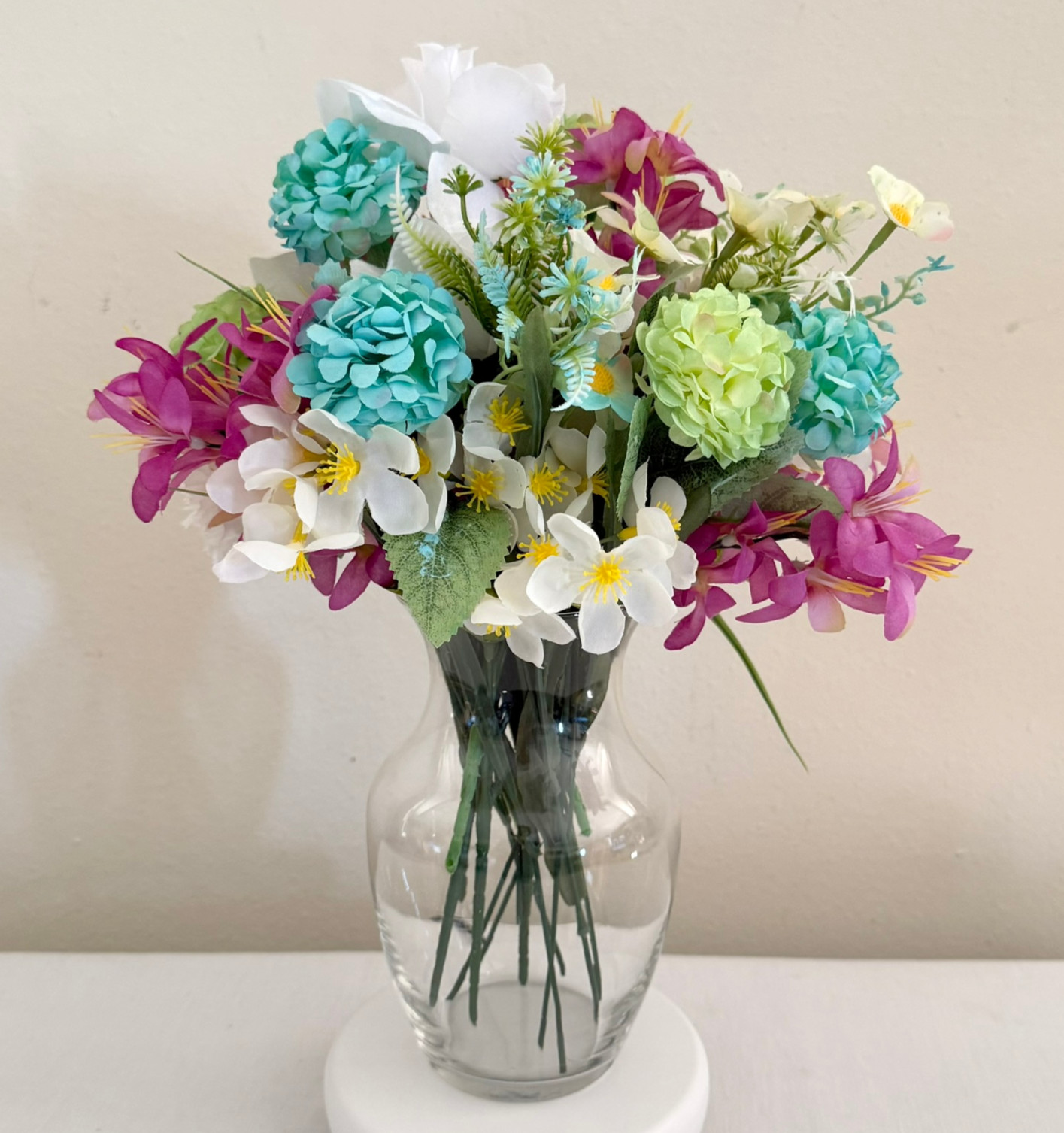 Handcrafted Floral Centerpiece Arrangement Clear Hourglass Vase Upcycled Decor