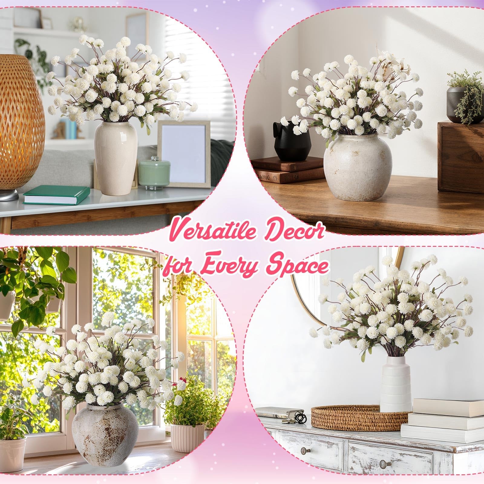 24 Pcs Creamy White Artificial Chrysanthemum Flowers, Faux Silk Mums with Fle…