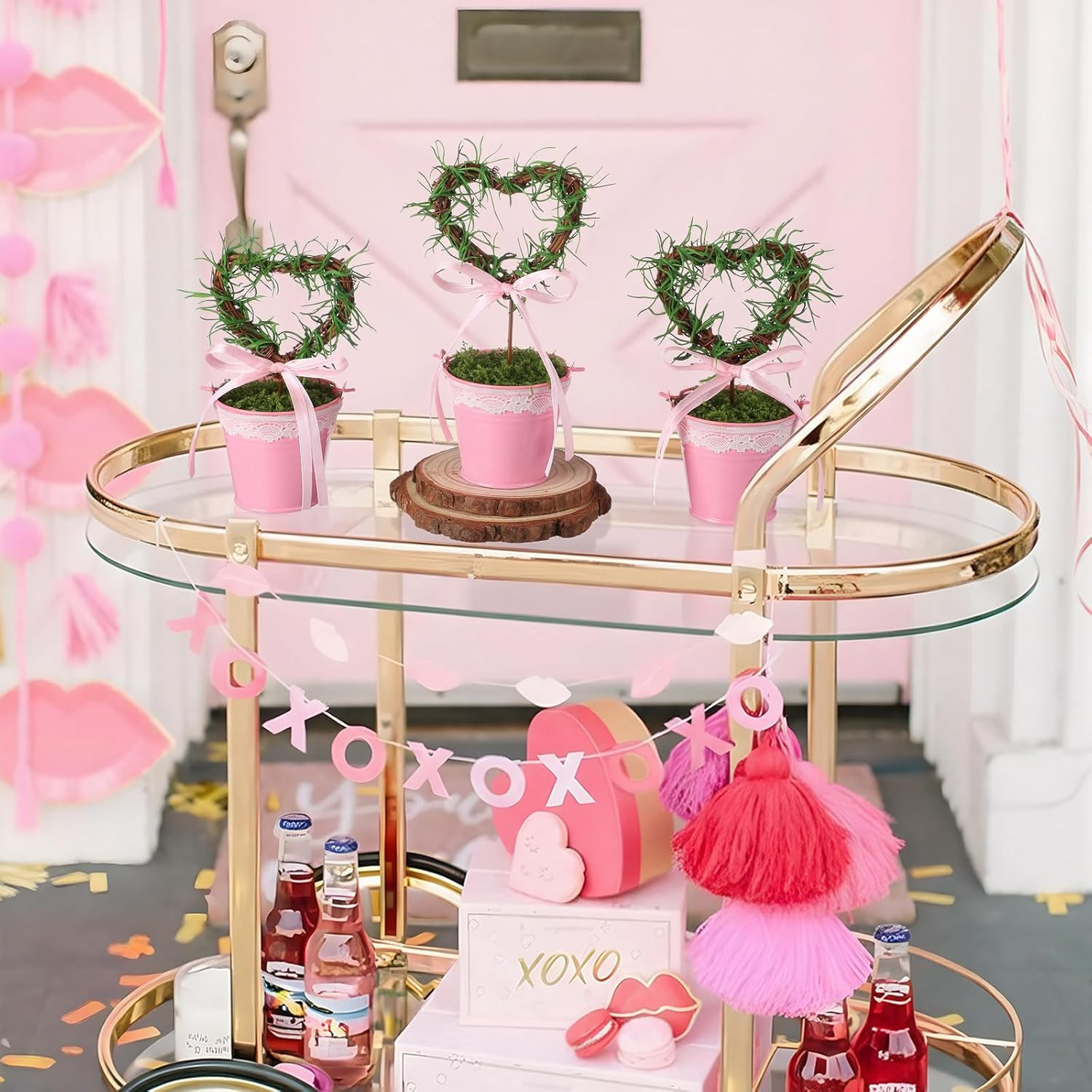 3 Pcs Valentine’s Day Heart Topiary Trees in Pots for Tabletop Decor