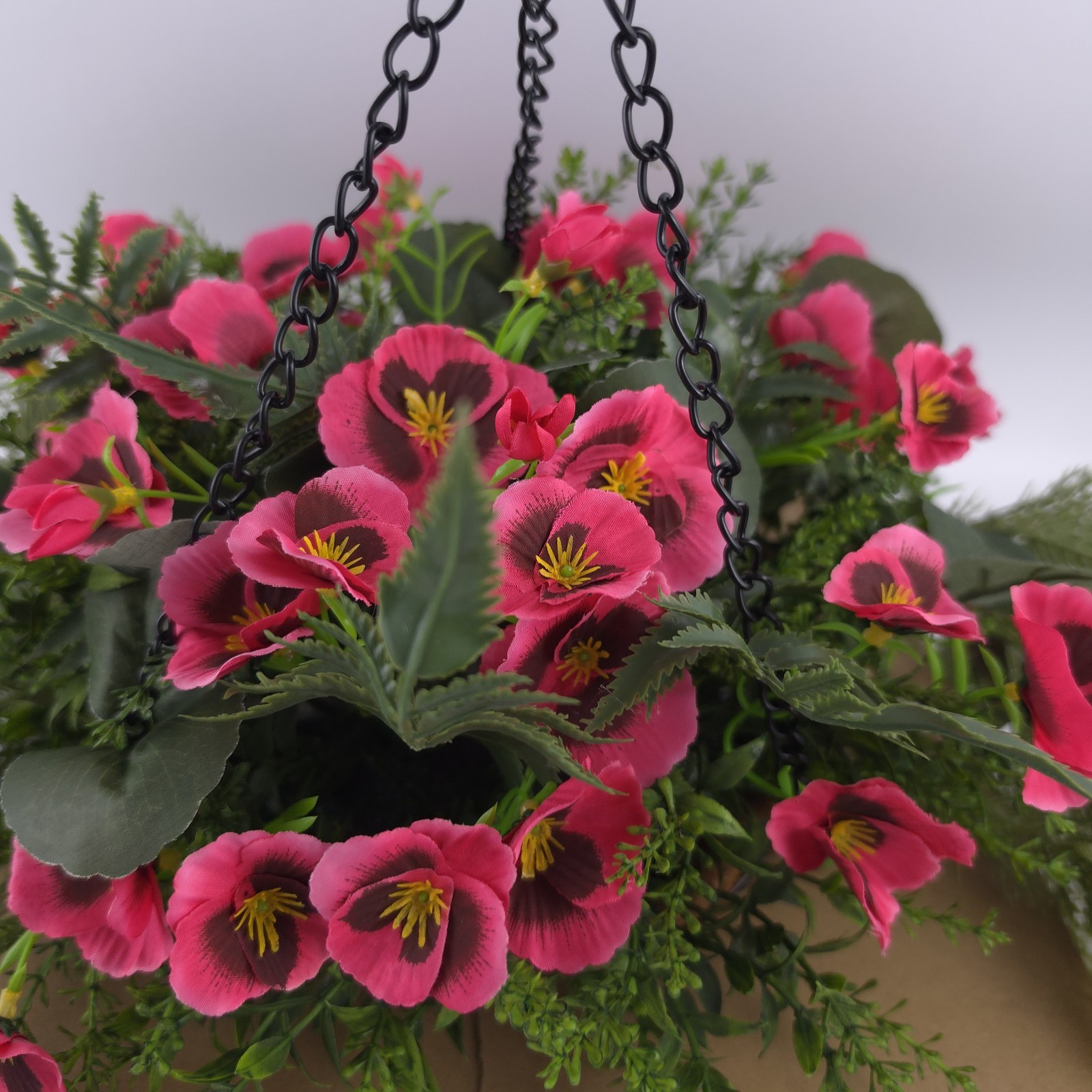Garden Reflections Cascading Faux Pansy & Fern Hanging Basket Red
