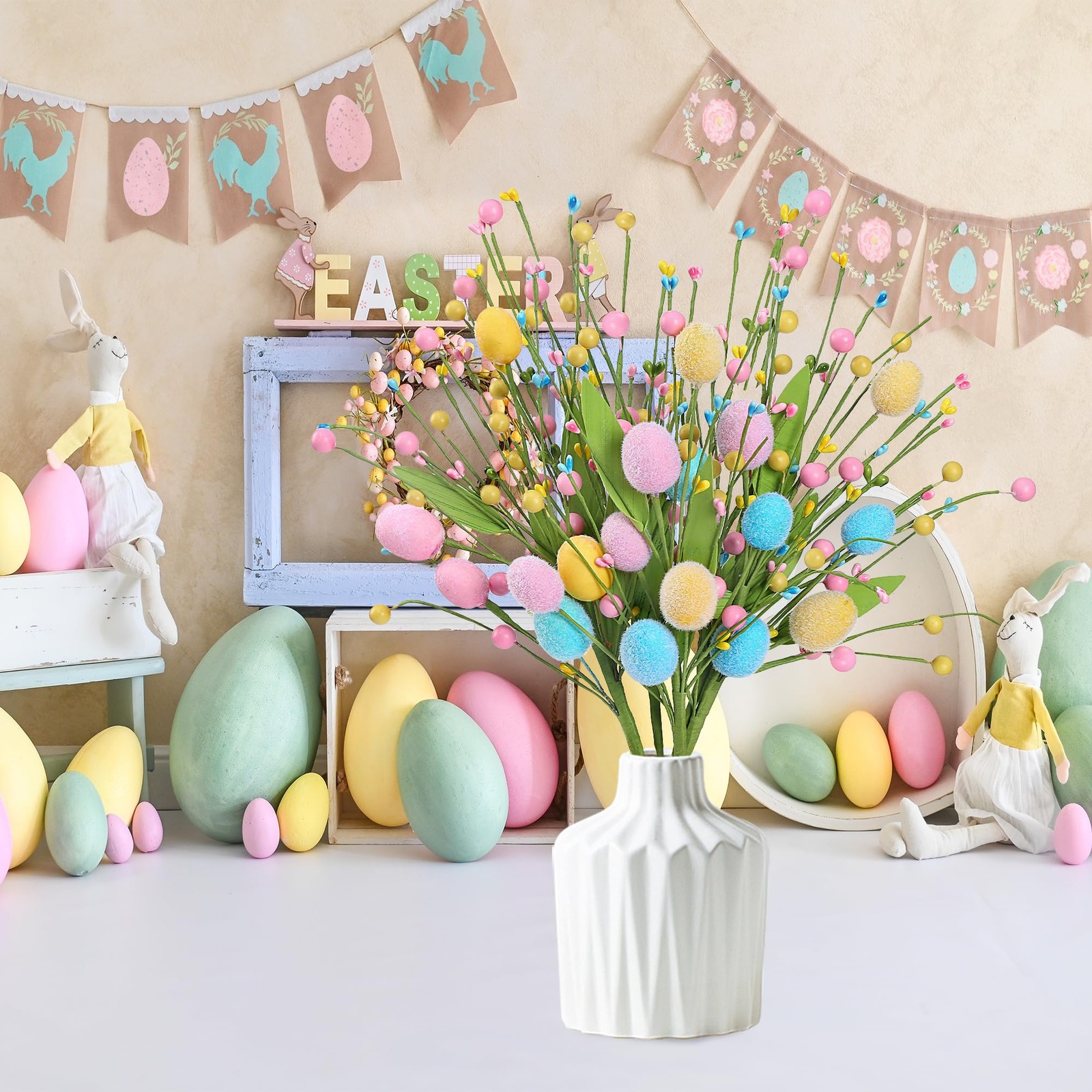 Artificial Easter Stems 6 Pcs Spring Egg Picks with Colorful Eggs Berries Gre…