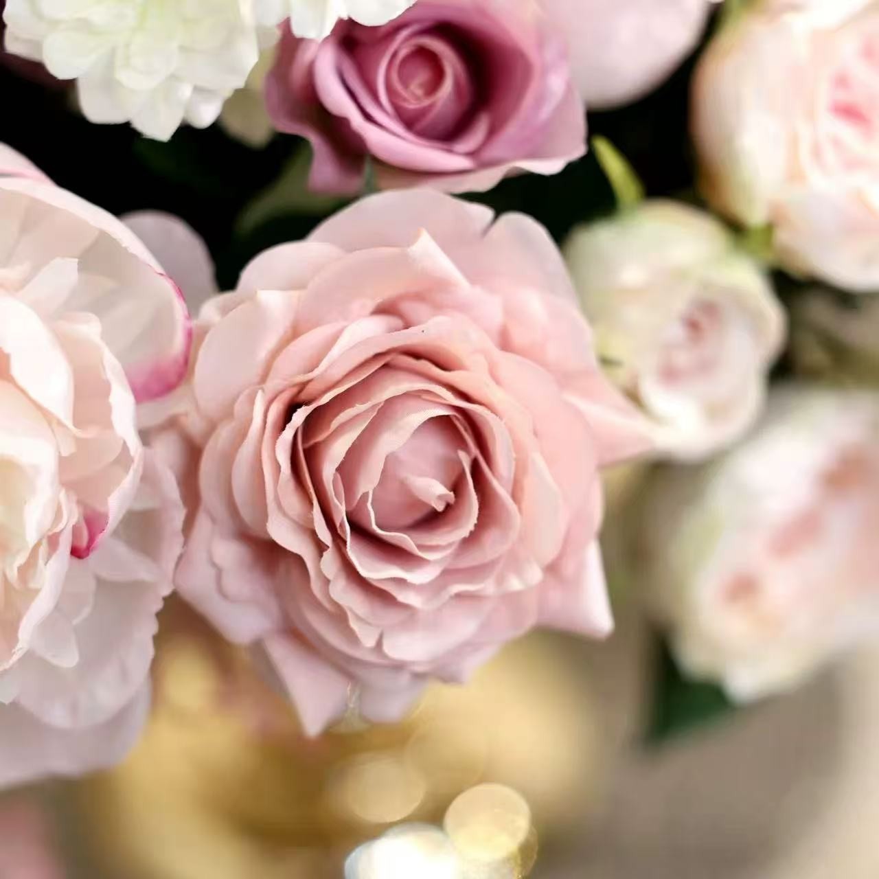 Luxury French Faux Floral Arrangement Pink Peony Rose Centerpiece with Gold Vase