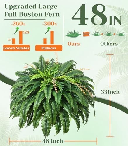 Artificial Ferns 48 Inch 128 Leaves UV Resistant Faux Boston Fern 2 Pack