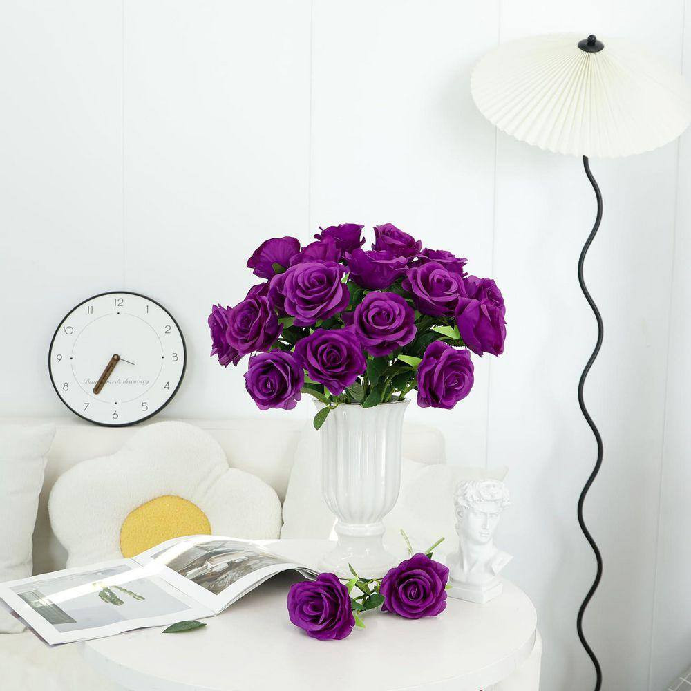 17.7 In. 20-Piece Purple Indoor Artificial Roses Silk Flowers for Valentines Wed