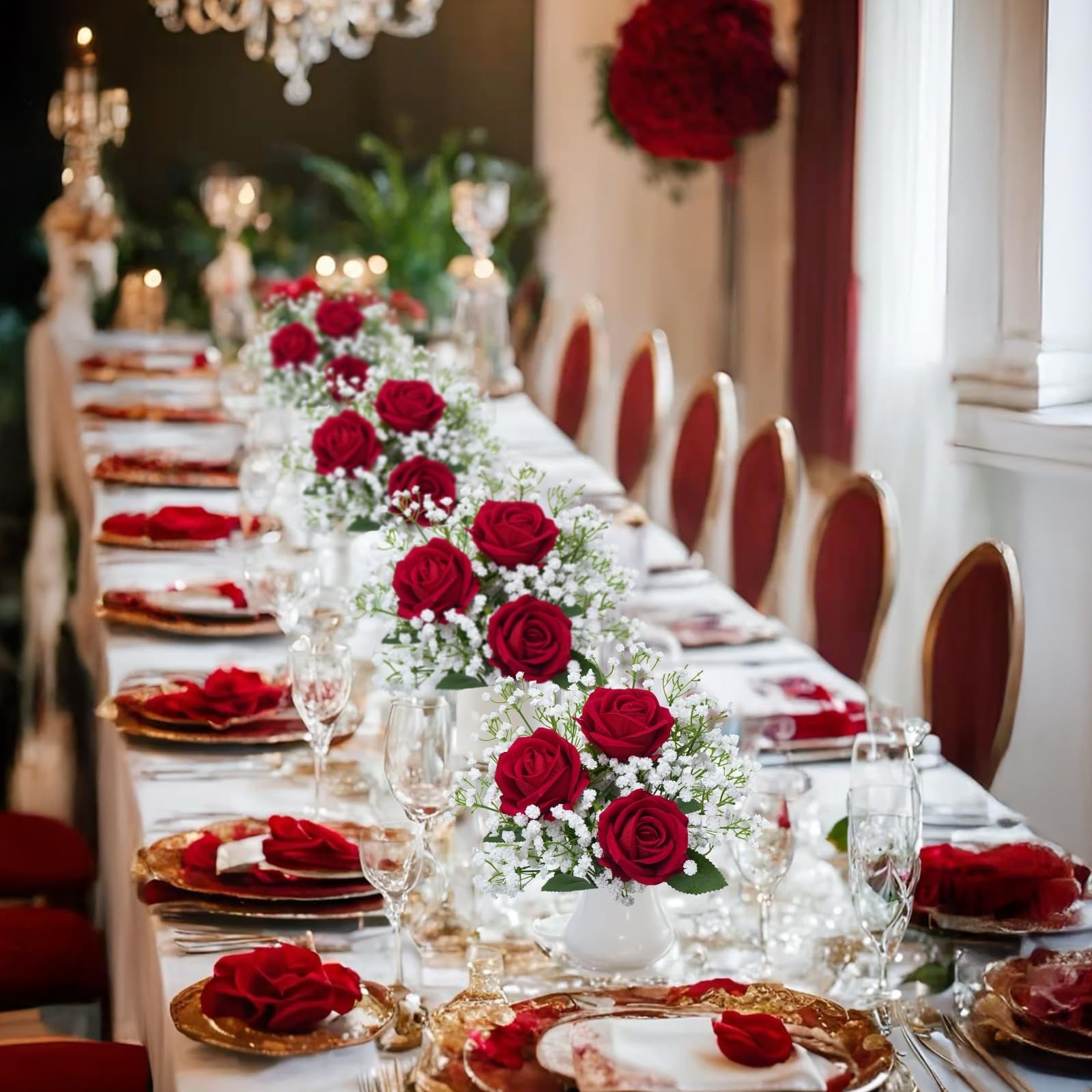 Red Velvet Roses With Faux Baby’s Breath Artificial Flower Arrangement Decor