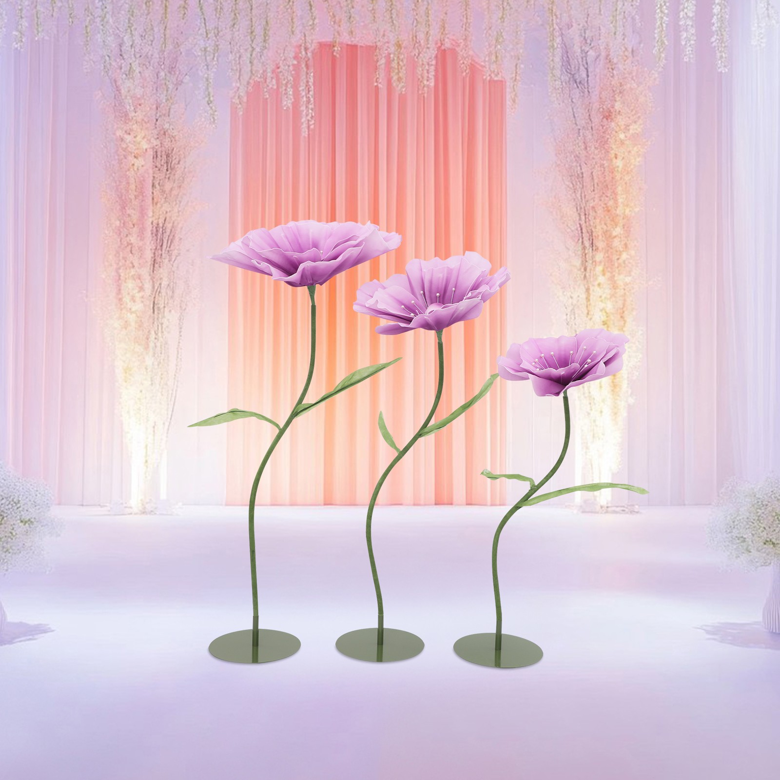 3pcs Giant Artificial Flower Poppy Free Standing Adjustable Wedding Decor Purple