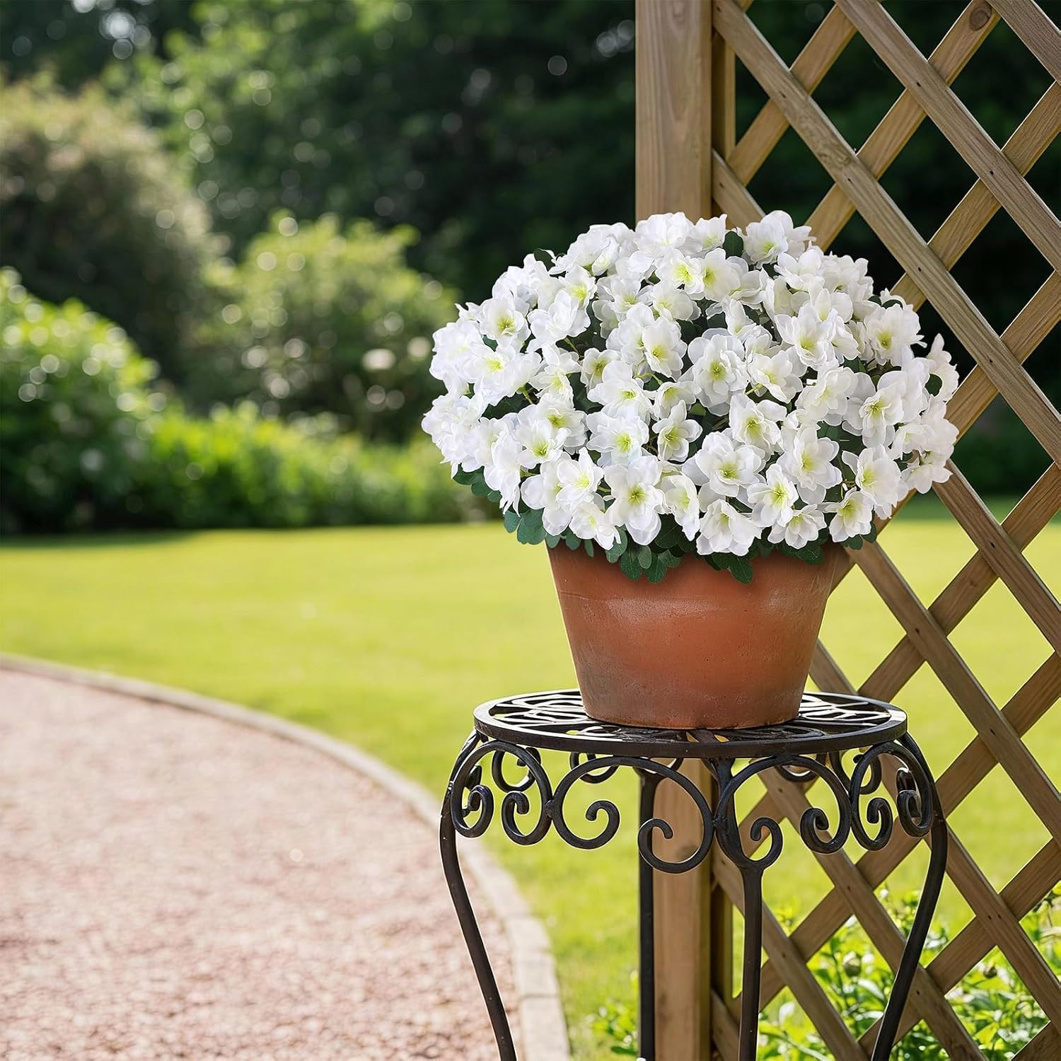 Set of 2 White Artificial Azalea Topiary Trees for Outdoor Decor