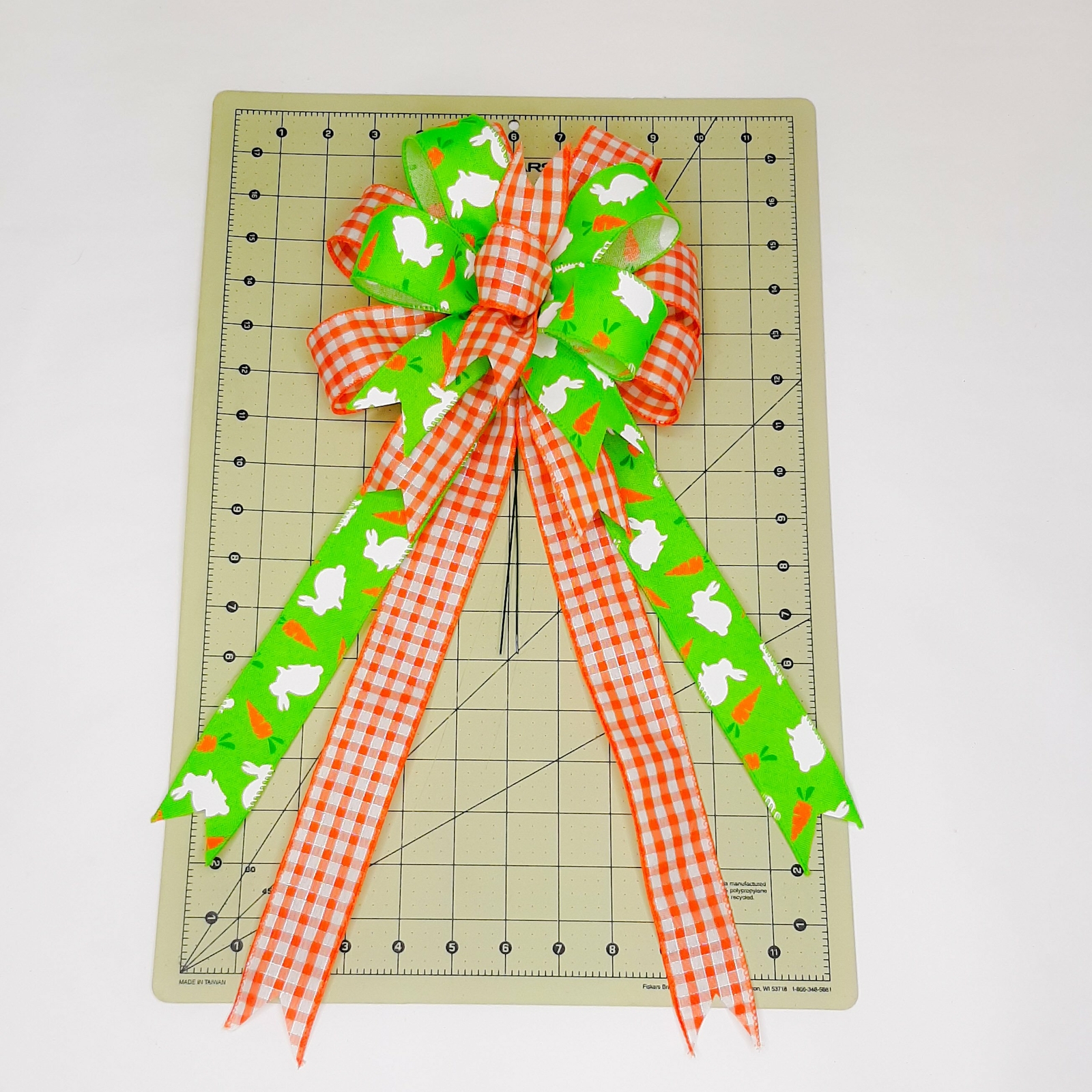 Easter Bow, Spring Bow, Green Linen with White Bunny, Orange Check Print