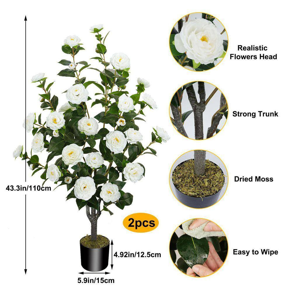 2PCS 3.6 Ft. Artificial Camellia Tree in Black Pot with 32 White Flowers & Dried