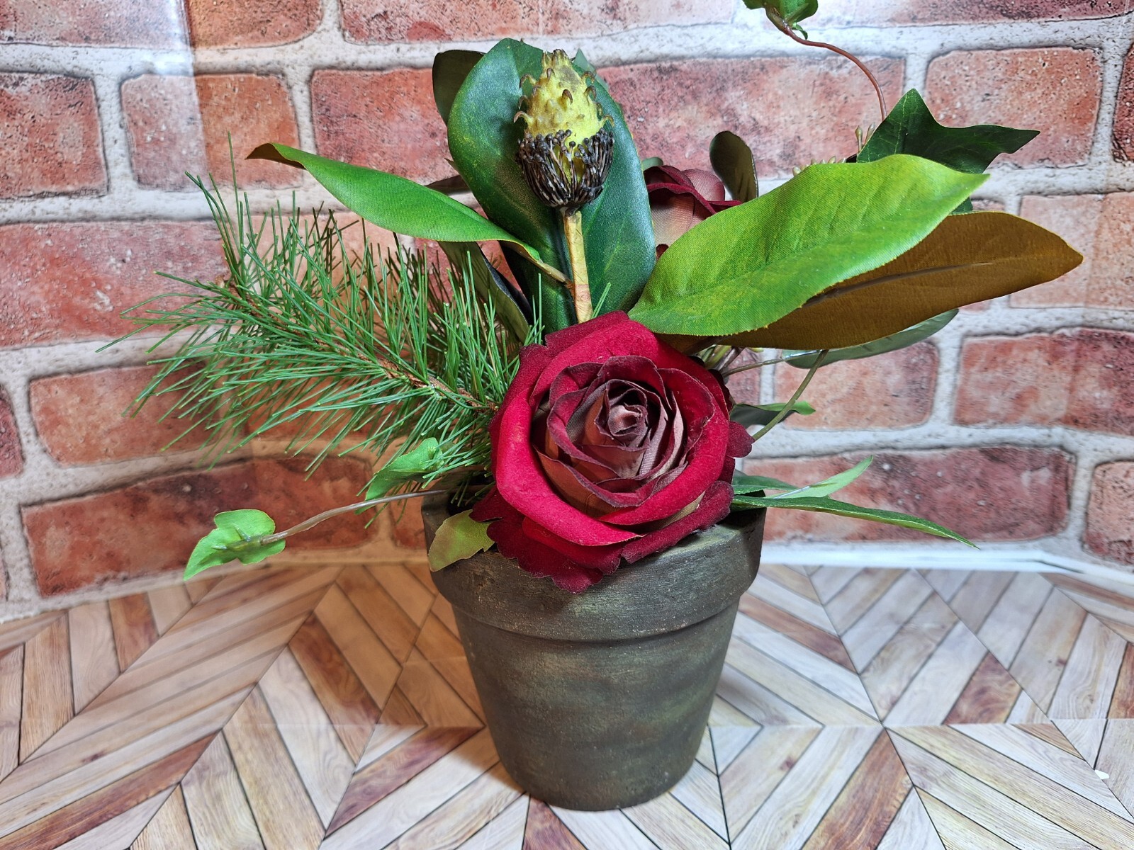 Faux Mixed Floral Arrangement W/Red Roses Rustic felt bottom Pot, Stunning!