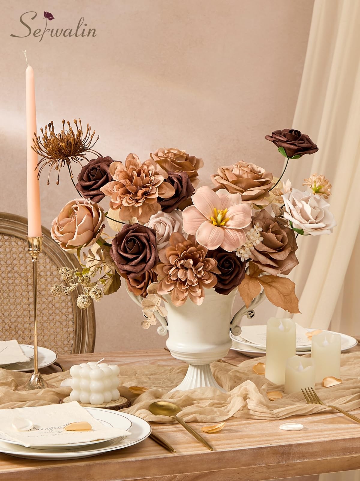 Artificial Flowers Brown Apricot Fake Silk DIY Wedding Bouquet Centerpiece