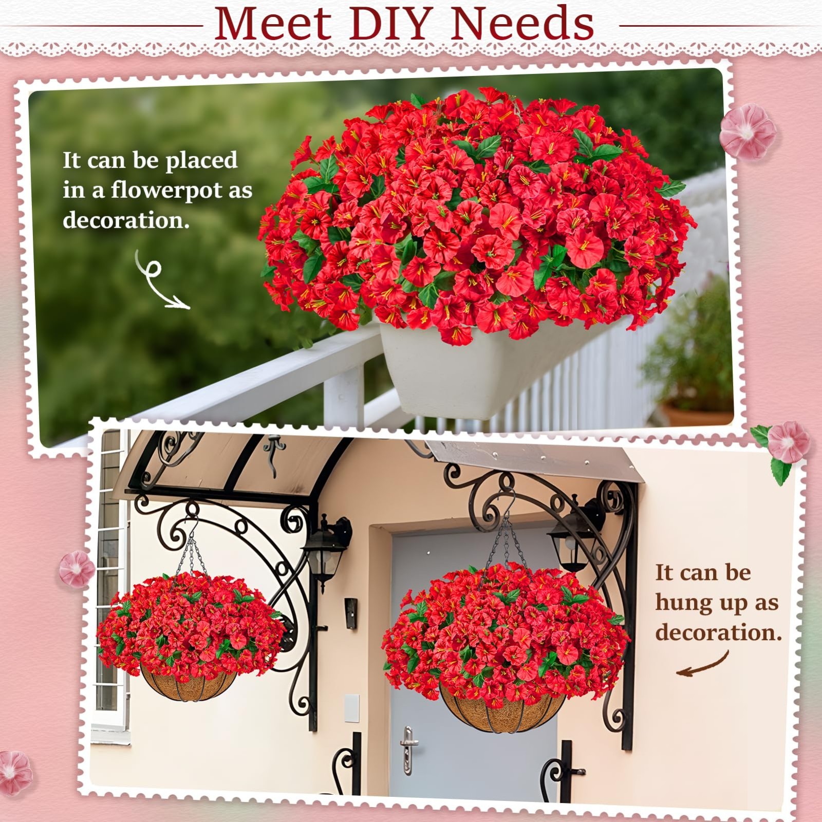 Set of 2 Faux Silk Morning Glory Hanging Flower Baskets for Outdoor Decor – 16 B
