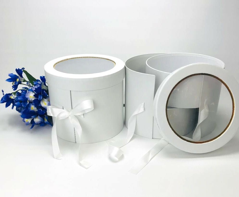 Premium Quality Round Shape Flower Box, Floral Gift Box, 2 Tier, with Lid, White