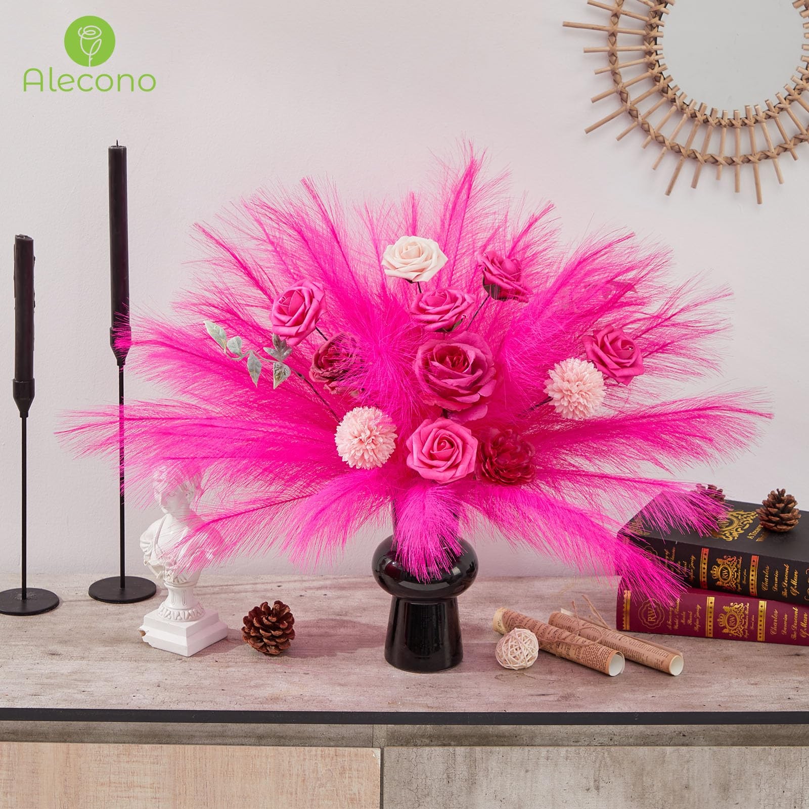 Hot Pink Pampas Grass 17in 𝟯𝟬𝙋𝙘𝙨, Artificial Faux Fluffy Pampas Grass De…