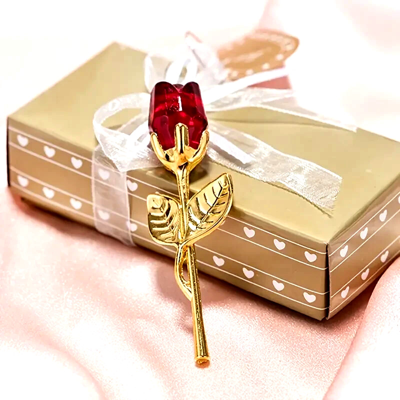 1 pc. Valentine Day Crystal Glass Red Rose Flower w/ Yellow Stem in Golden Box