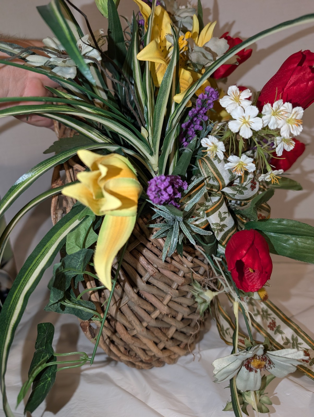 Handmade Lavender & Many Mixed Artificial Flowers Hanging Wall Basket 25”