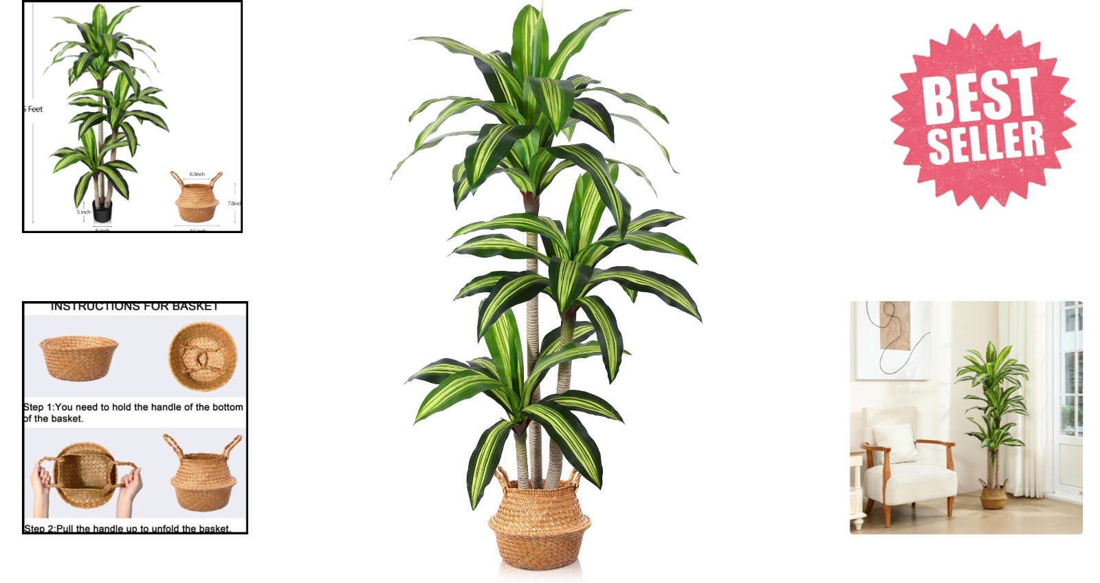 Elegant 5ft Faux Dracaena Tree in Woven Seagrass Basket – Indoor/Outdoor Decor