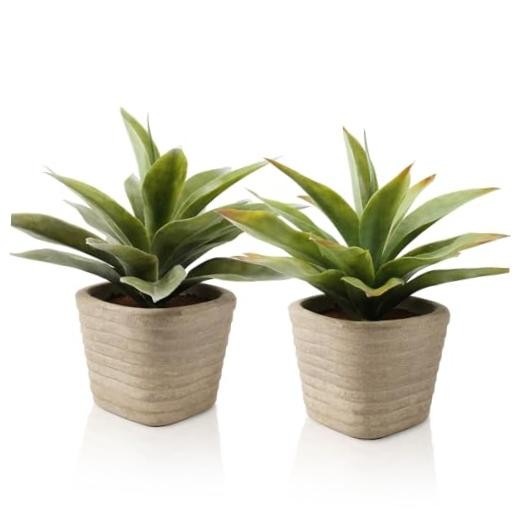 2 Pack Small Fake Agave Plants in Pulp Pot for Home Decor | Artificial 1 Green