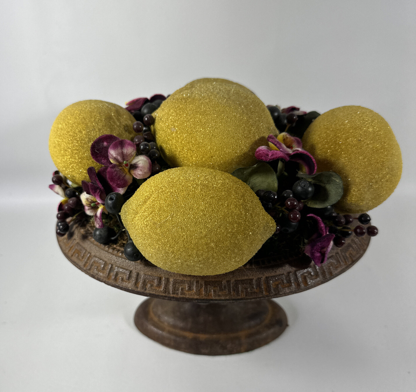 Vintage Rare Artificial Lemon Arrangement In A Cast Iron Vase Bass Green Bottom