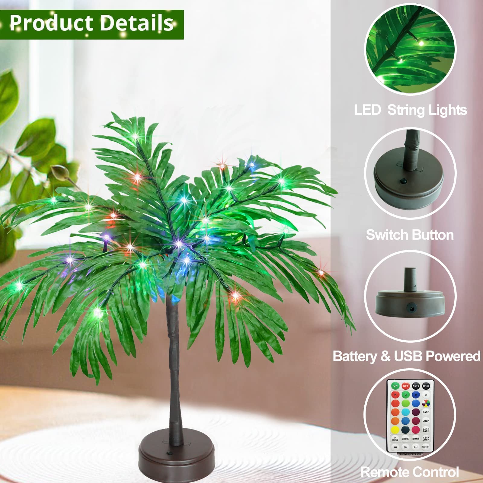 18 Color Changing Lighted Palm Tree Table Decor 23 Inch Battery USB Powered