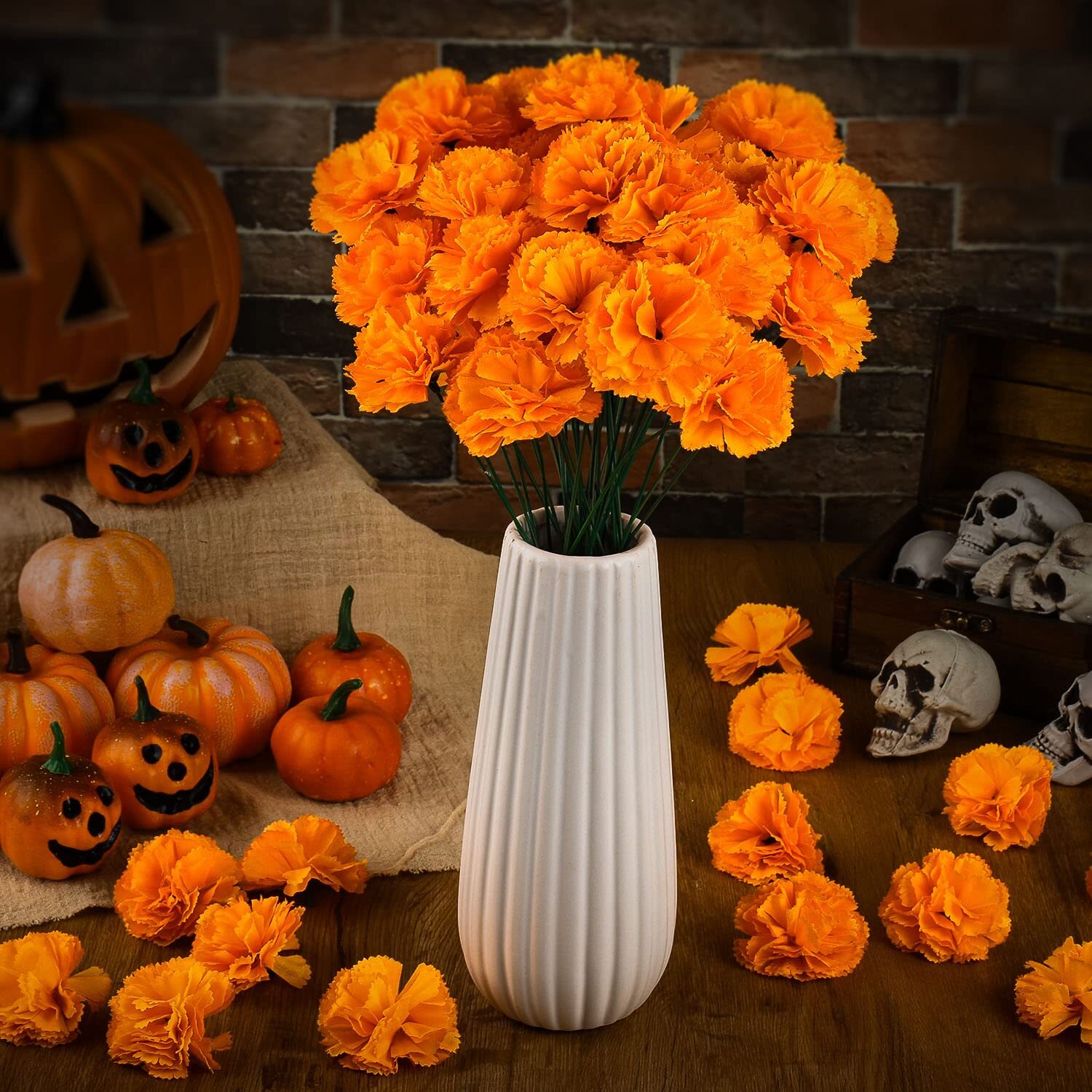 50 Pcs Marigold Flower Heads Artificial Flowers Day of The Dead Halloween Party