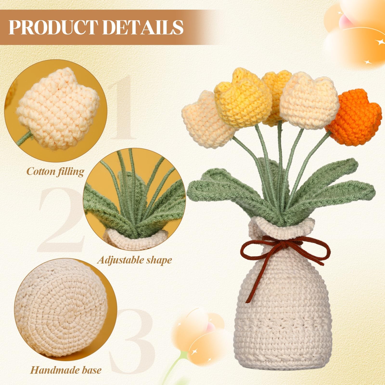 Crochet Knitting Tulip Bouquets Vase 7.1 Inch Yellow Artificial Flower Decor