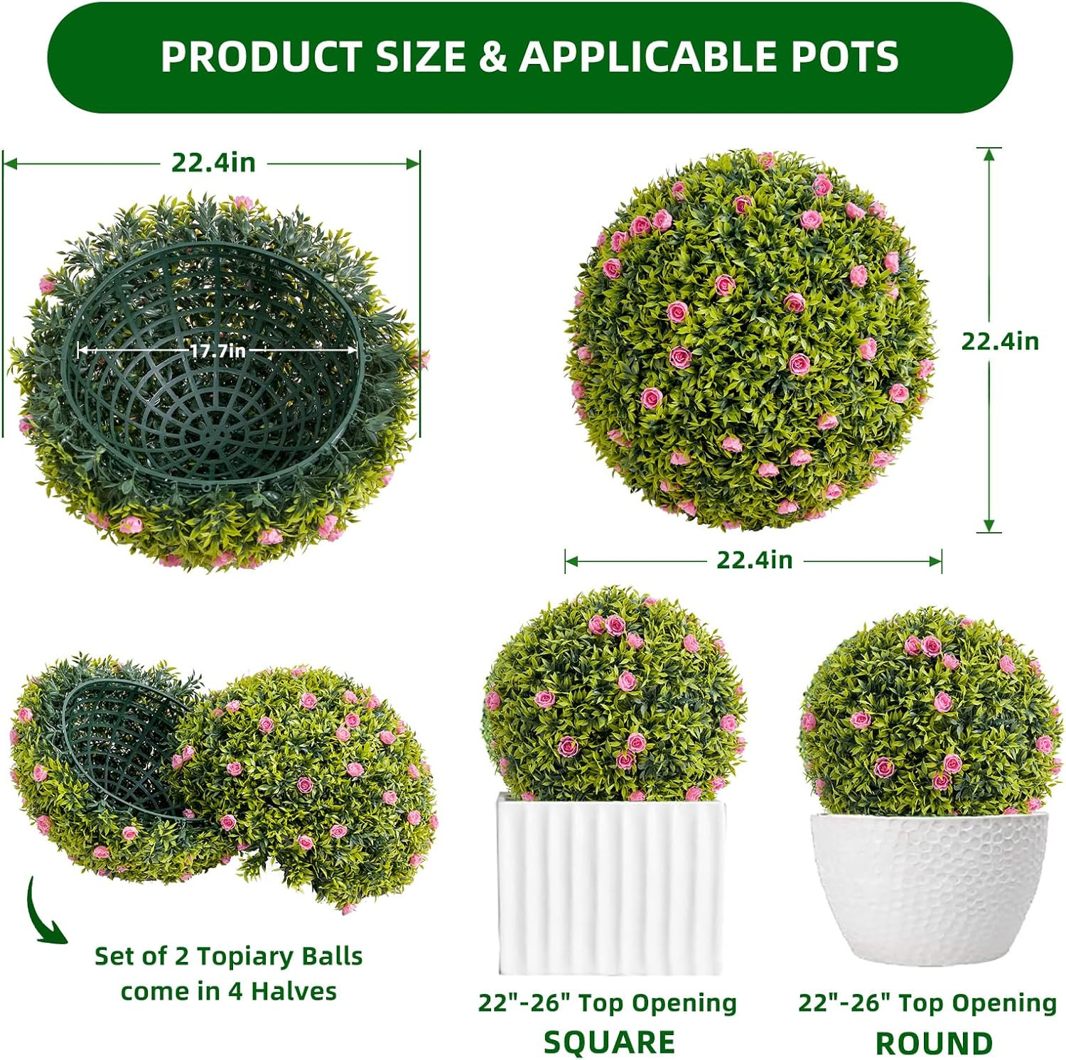 22.4″ Faux Boxwood Topiary Balls with Pink Flowers – 2 Pack for Home & Garden