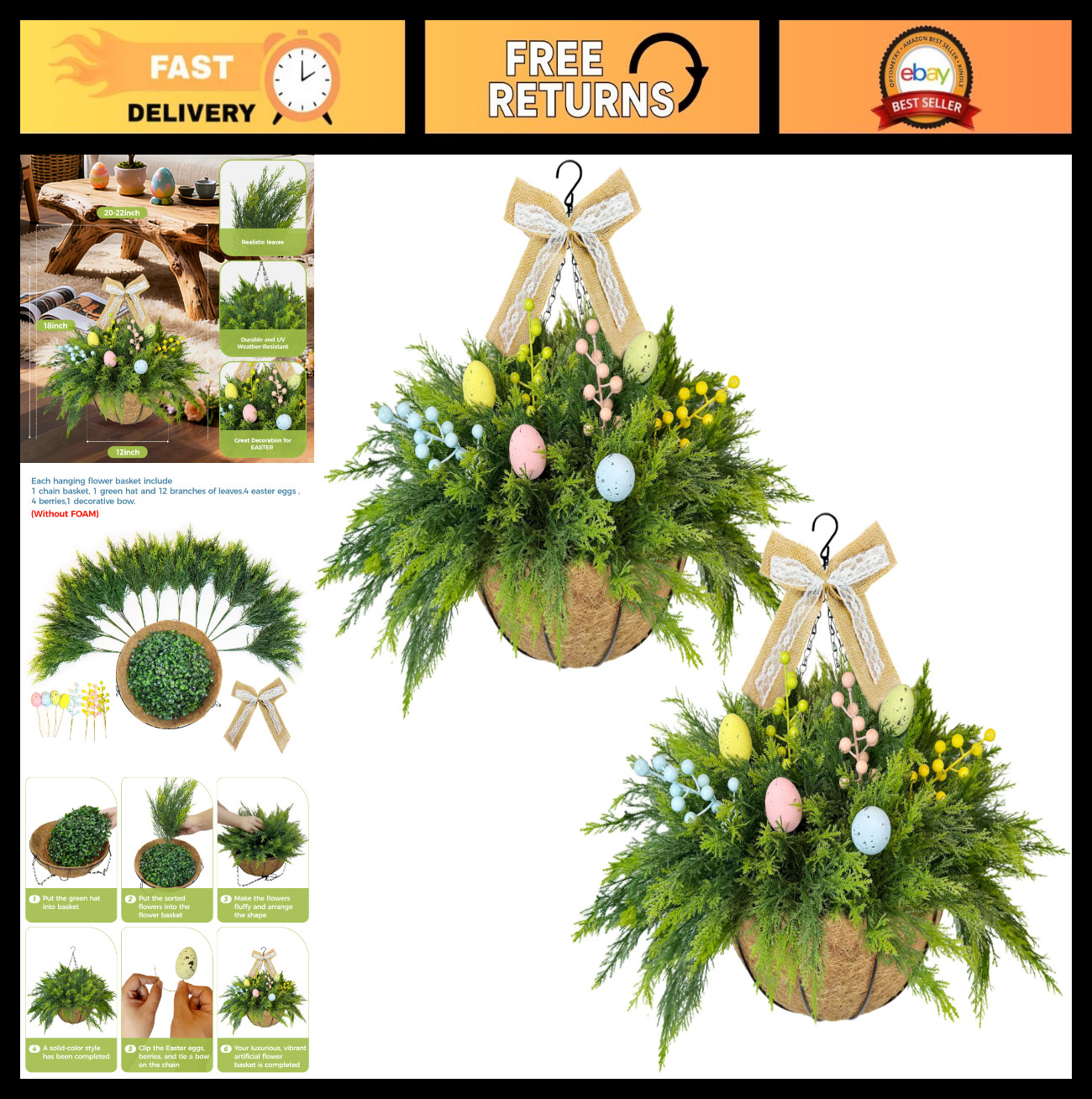 Set of 2 Easter Hanging Flower Baskets, Faux Plant with Cypress Leaves & Eggs fo