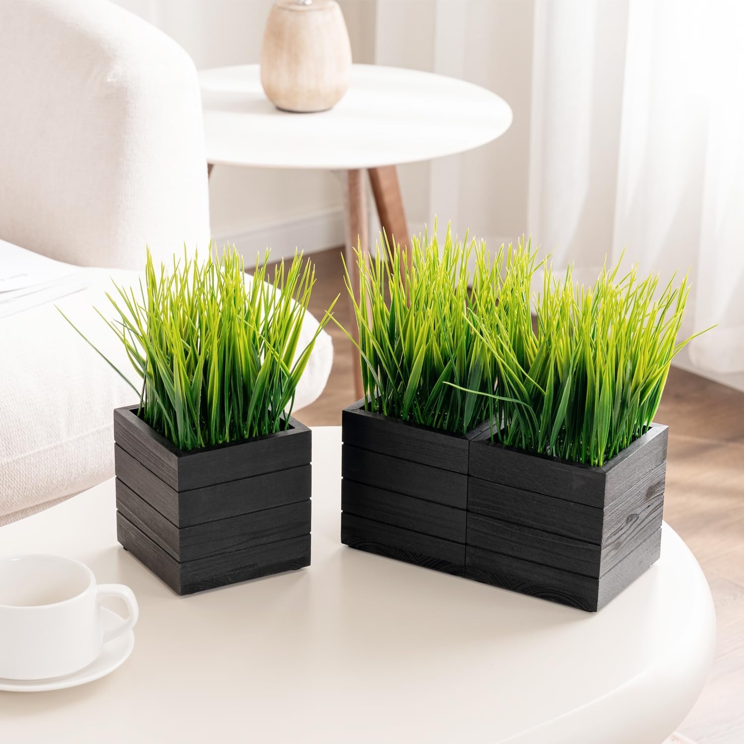Set of 3 Faux Greenery Plants in Vintage Black Wood Planter Boxes – Decorative S