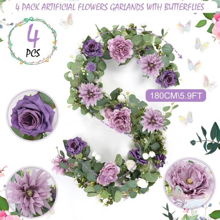 HOMENERGY 4 Pack 5.9 FT Artificial Flower Garland – Light Purple & Purple