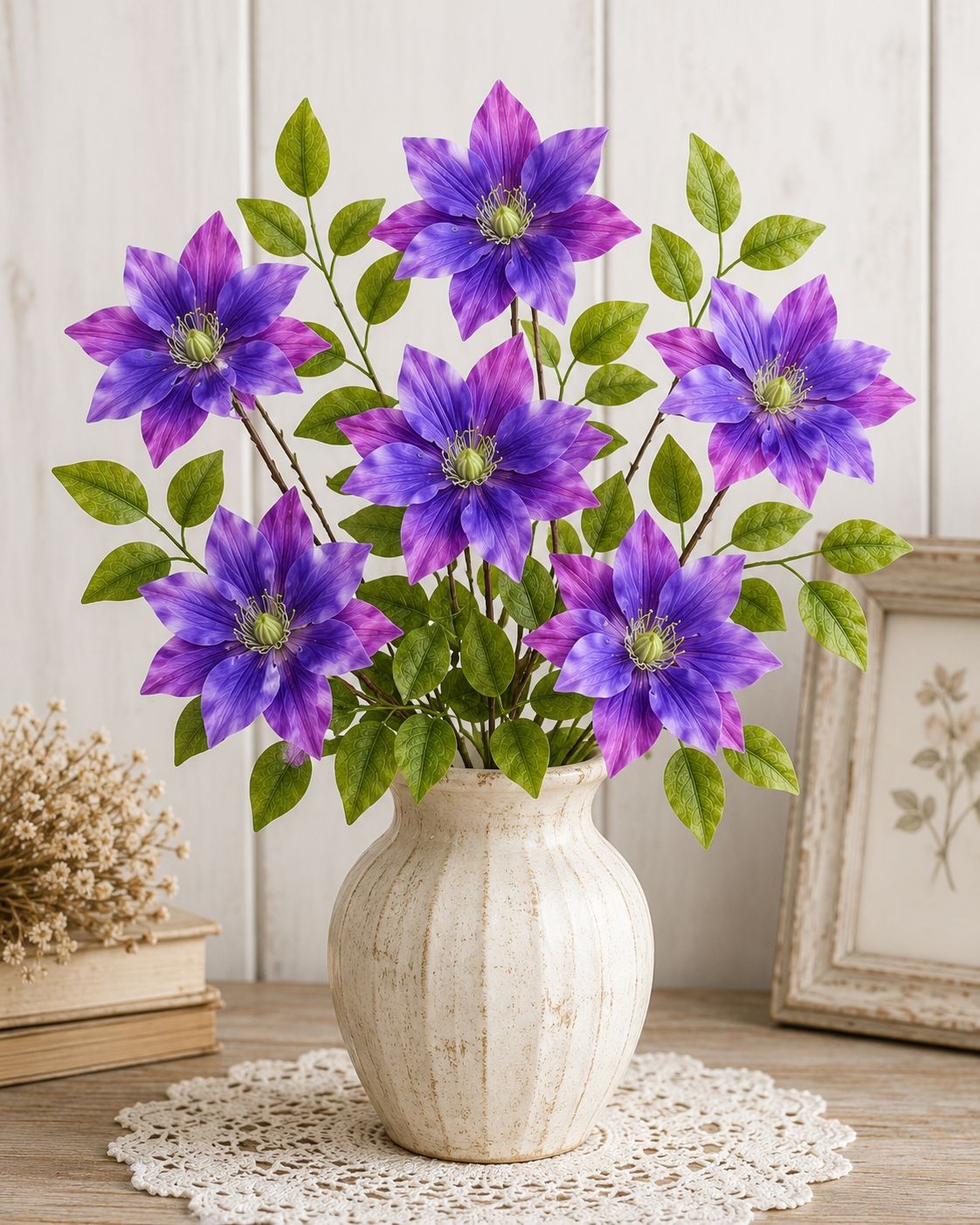 Set of 2 Purple Clematis Stems Faux Flower Branches Floral Decor Cottagecore