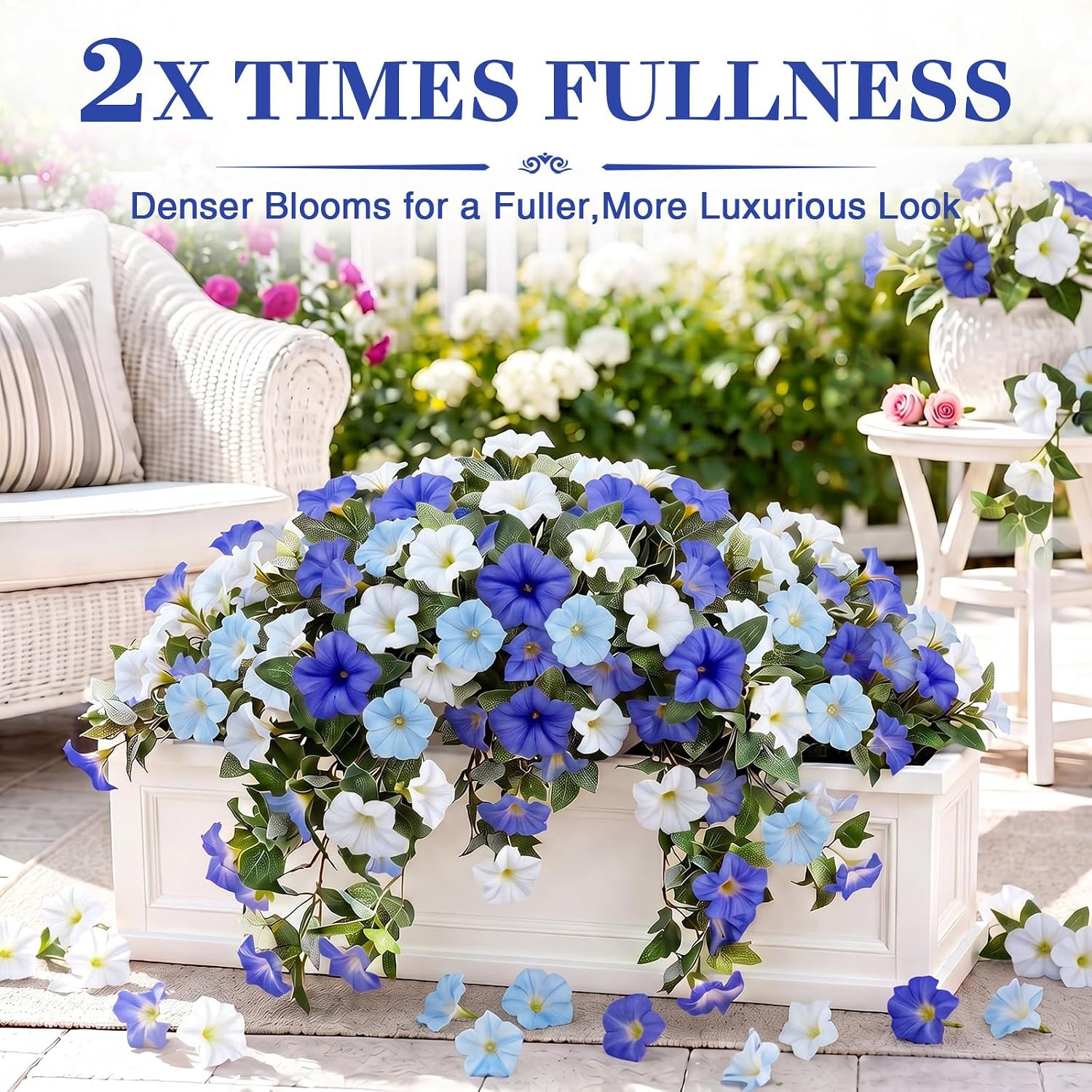 UV Resistant Faux Petunias – 2Pcs Blue & White Hanging Outdoor Flowers