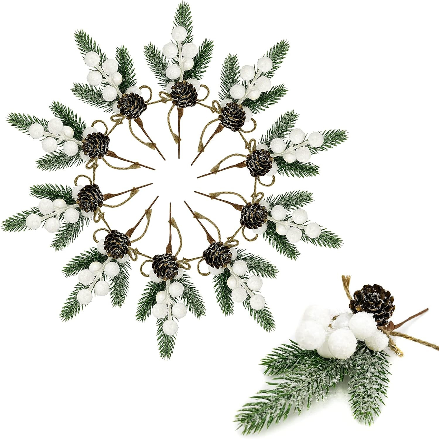 White Berry Stems Floral Pine Cones 10PCS Christmas Artificial Pine Branches