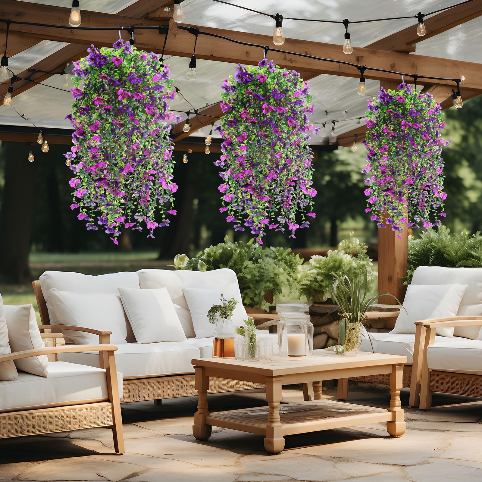 6 Pcs Spring Artificial Hanging Flowers Outdoor Faux Silk Mum Plant Decor Vio…