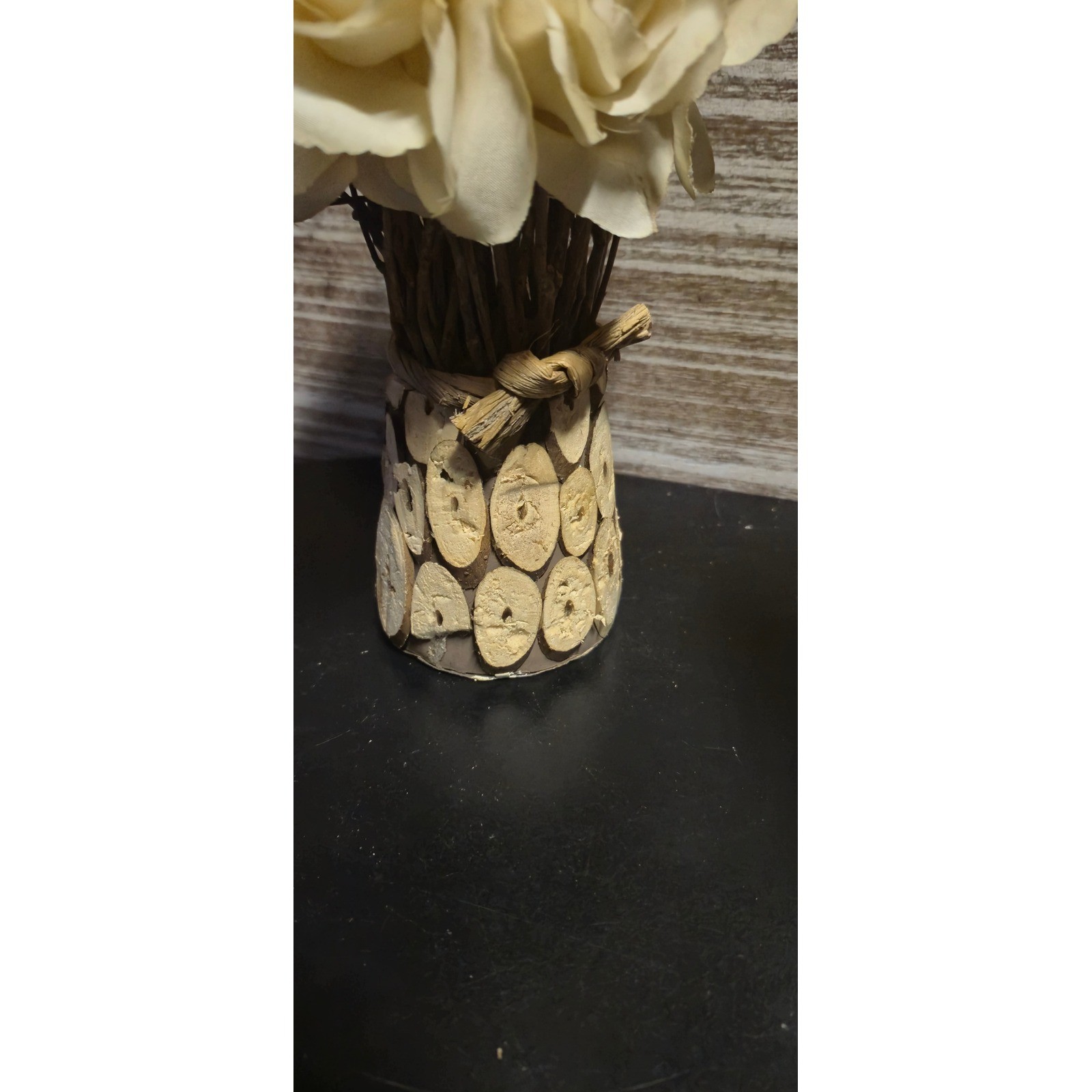 Cream Faux Rose Floral Arrangement in Rustic Wood Slice Base Farmhouse Decor