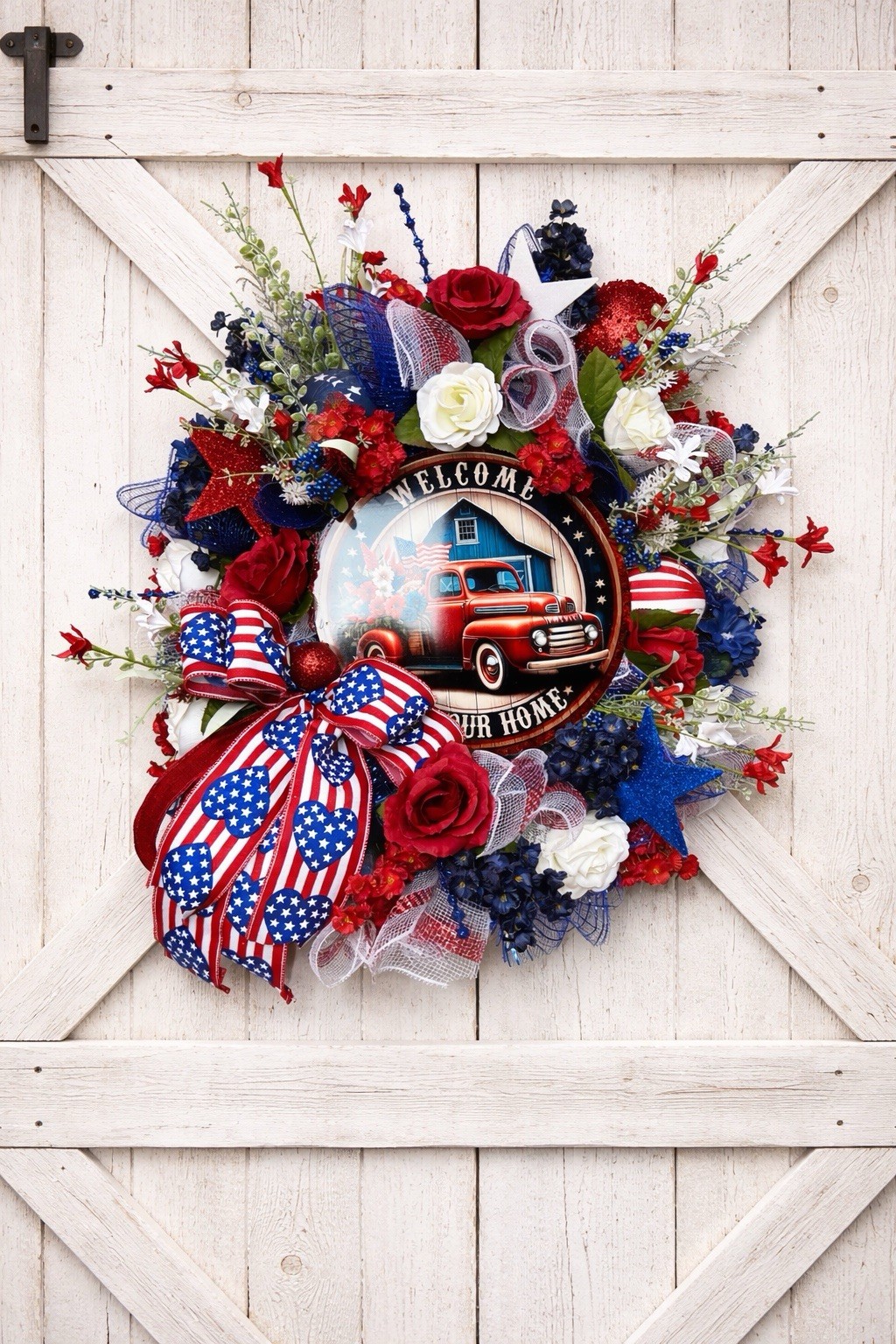 Patriotic Wreath 4th Of July Door Decor Red White Blue Truck Welcome To Our Home