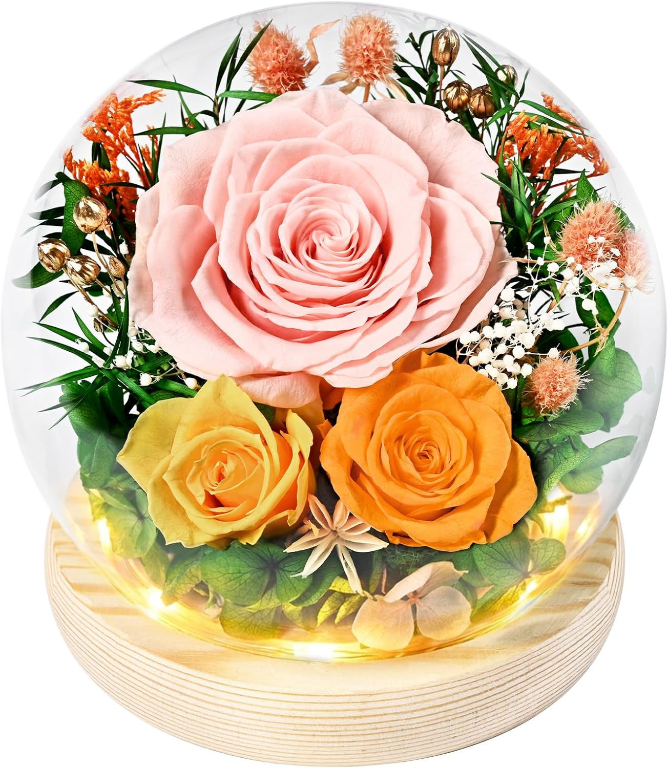Roses Floral Decor For Mothers Day, Gift, In Glass Dome, Forever Fresh, Eternal