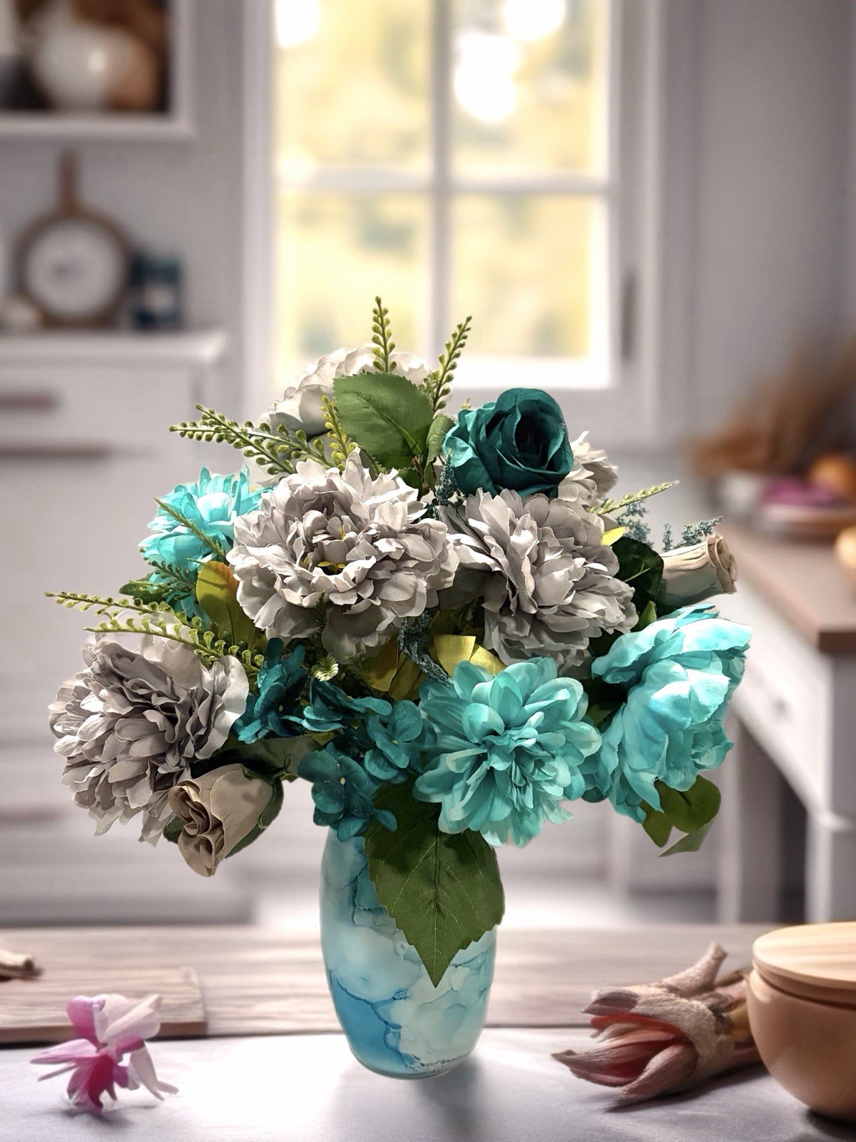Silk Floral Arrangement Centerpiece Turquoise Blue & Gray Italian Glass Vase 18”
