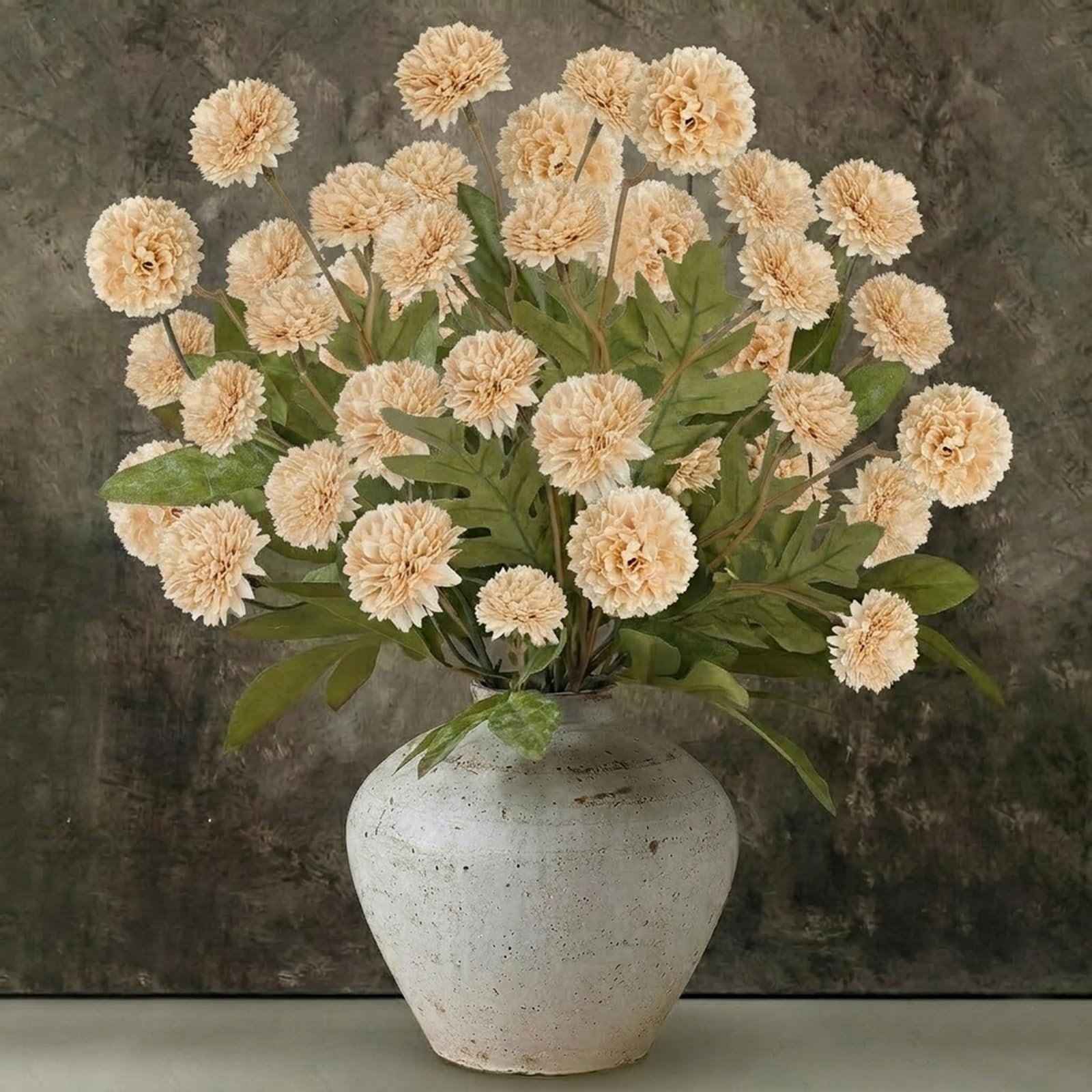 12pcs Artificial Pompom Mums Flowers Fall Beige Faux Chrysanthemums