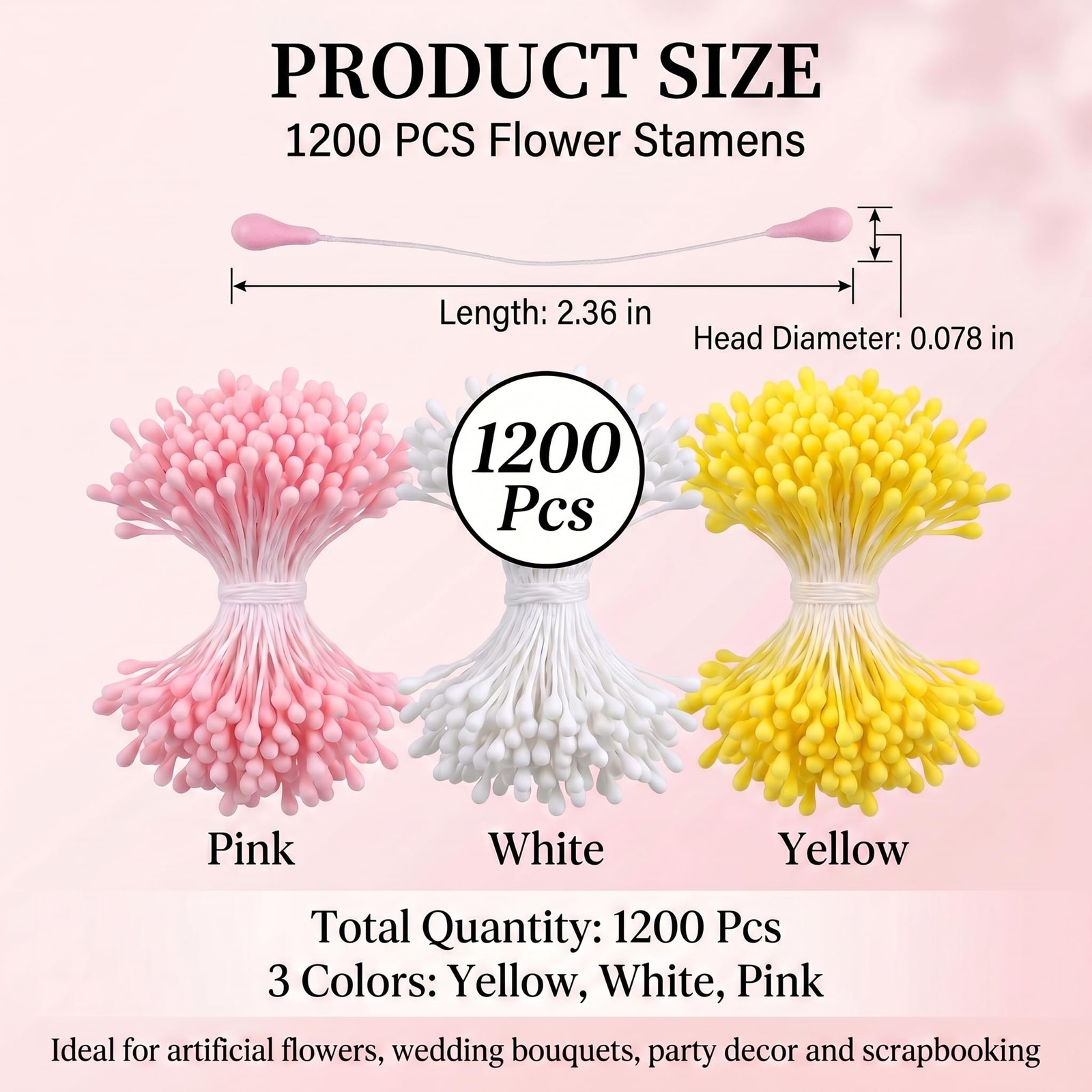 1200PCS Double Head Flower Stamens, Artificial Matte Floral Stamens 3 Colors,…