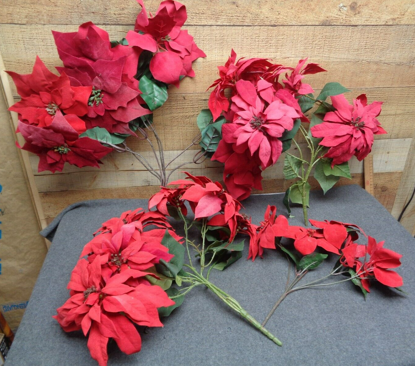 4 – Vintage Flocked Red Poinsettias 14″ & 18″ Artificial Christmas Stems
