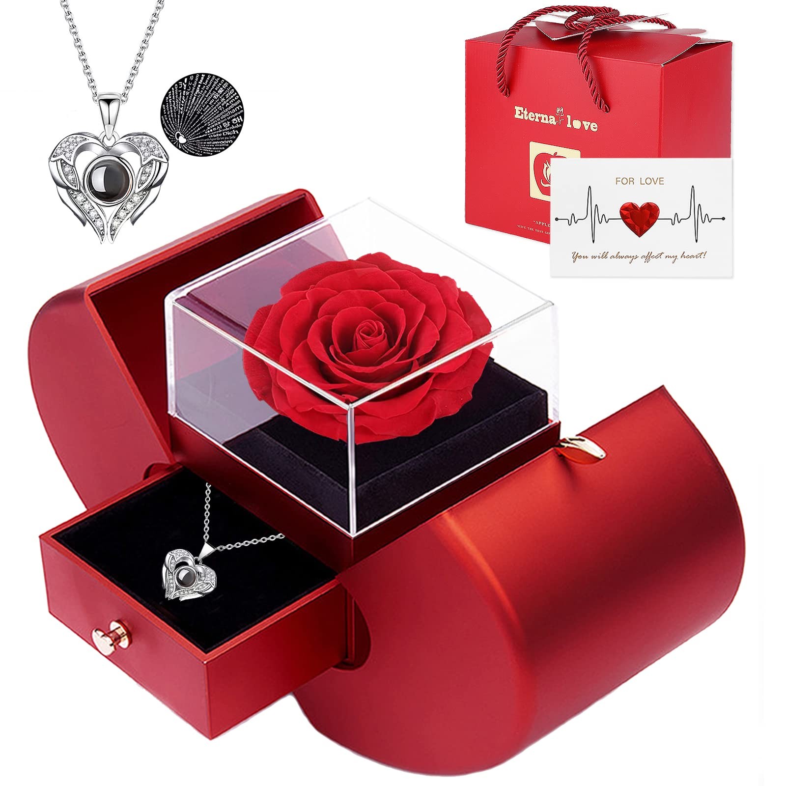 Preserved Real Rose with I love you Necklace 100 Languages, Gifts for Girlfri…