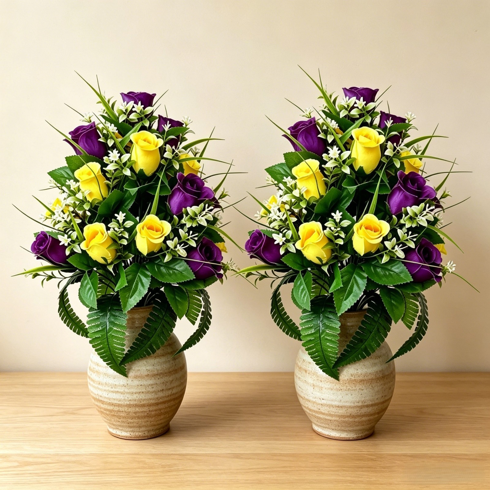 2 Pack Silk Bouquets Purple Yellow Green 43cm for Memorial Home Decor