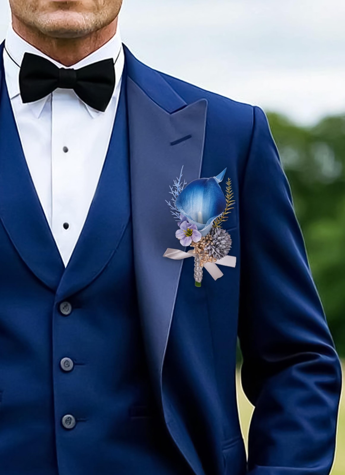2 PCS Blue Boutonniere, Corsage Wristlet Set, Artificial Flowers, Wedding, Prom