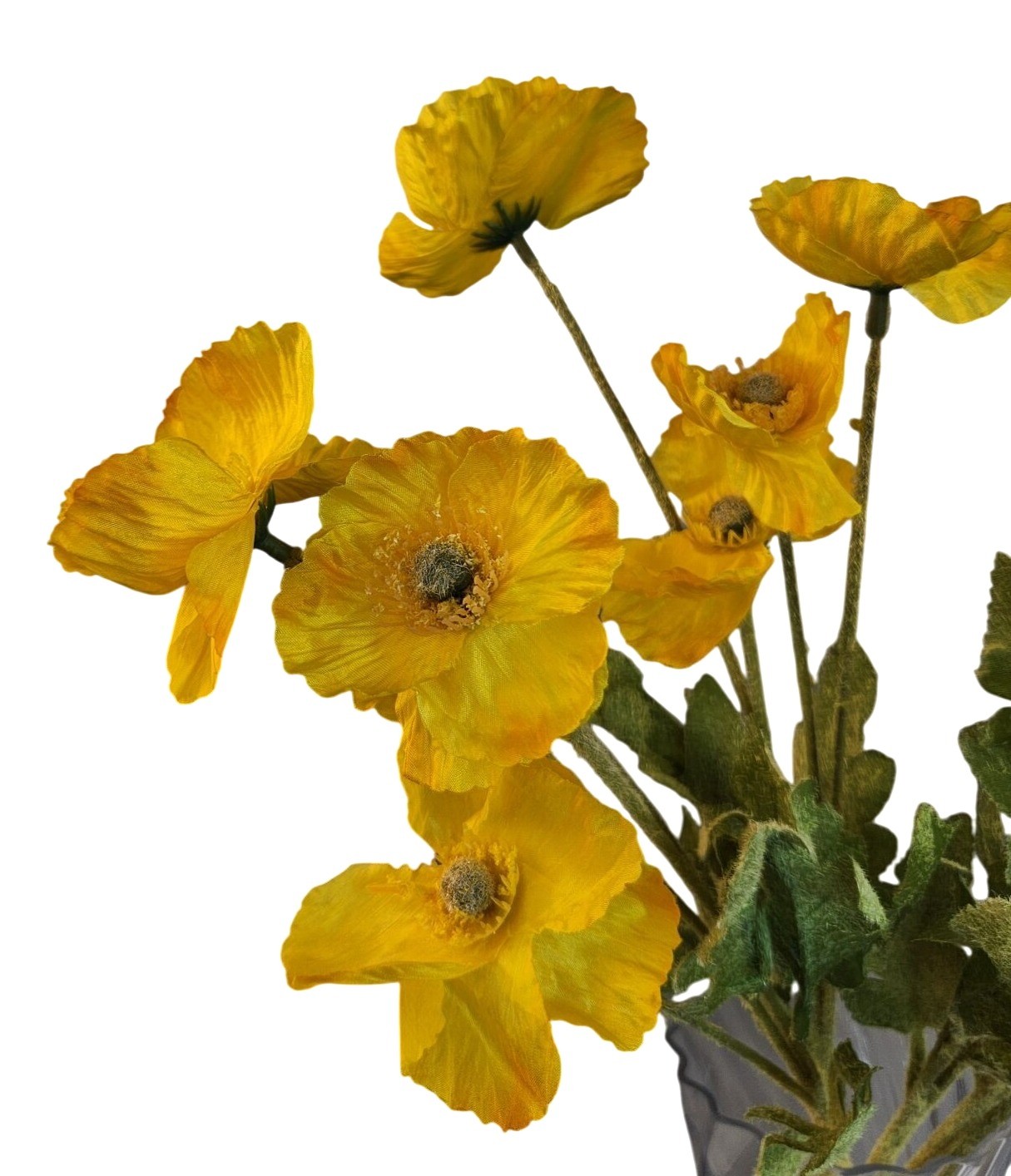 Yellow Artificial Poppy Flower Stems Silk & Plastic Foliage Single Stem Realisti